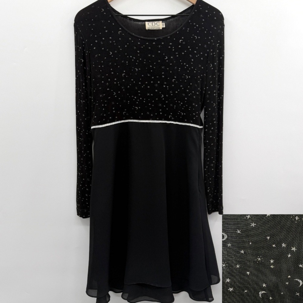 Vintage 90s‎ CDC Whimsygoth Celestial Long Sleeve Dress in Black Silver Size 10